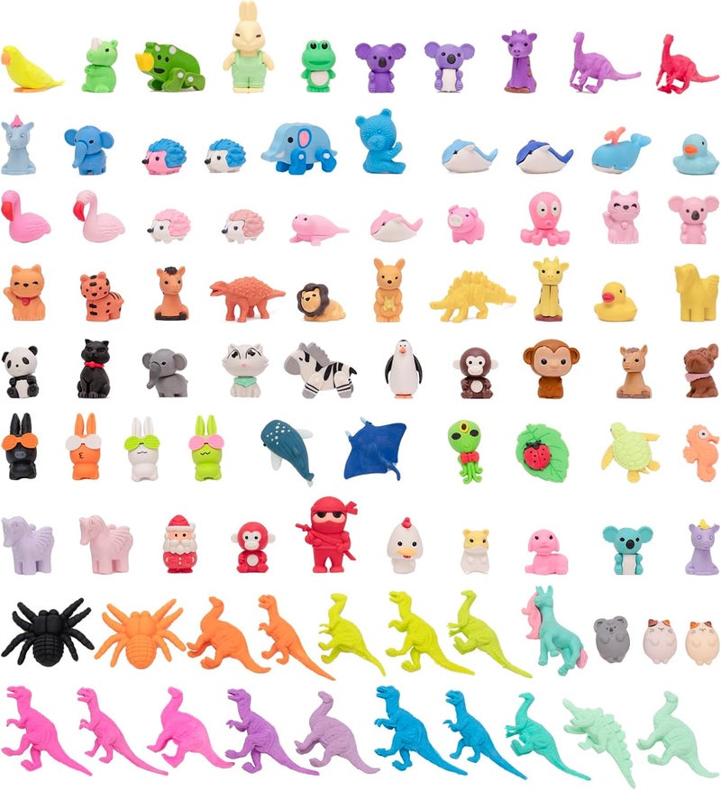 Clock King 90Pcs 3D Animal Erasers for Kids, All are Animal Styles, Random Desktop Pets Toys Gifts, Mini Puzzle Classroom Rewards, Kids Party Favors Back to School Supplies - Image 1